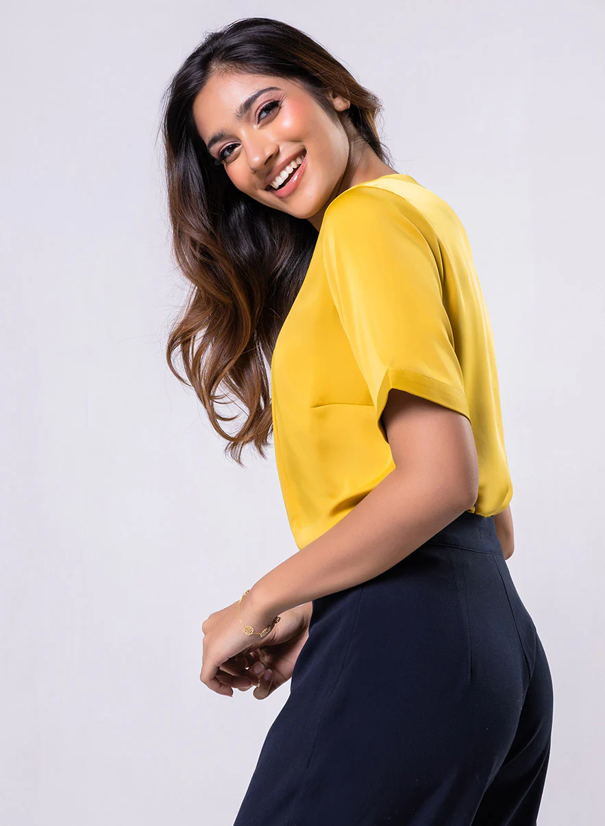 Side Neck Buttoned Short Sleeve Satin Top - Image 4