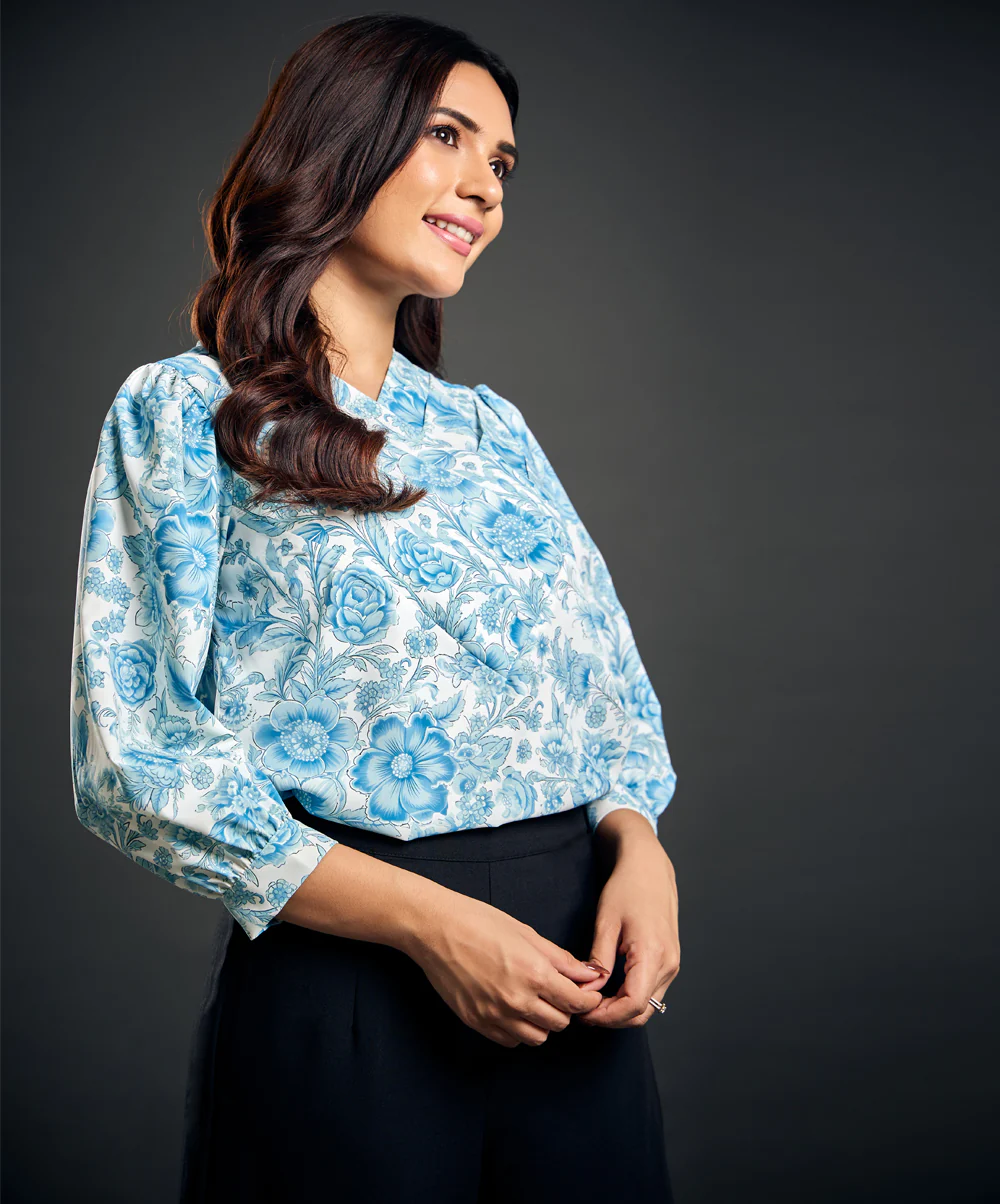 Side Pleated Printed Chiffon Blue Top - Image 2