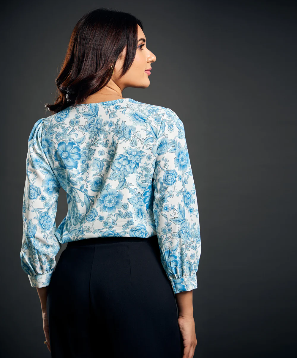 Side Pleated Printed Chiffon Blue Top - Image 3