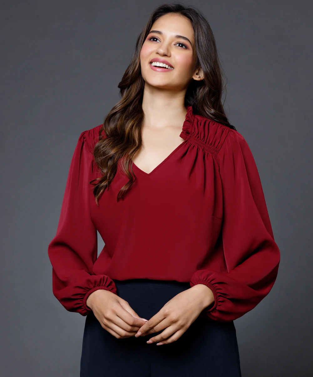 Side smocking done solid maroon top - Image 2