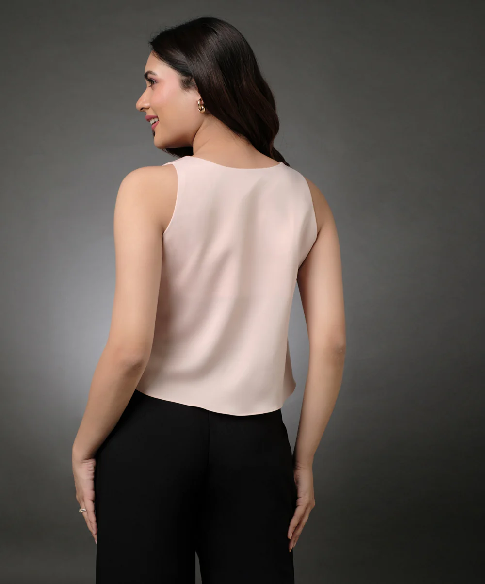 Silk Satin Vneck Sleeveless Beige Top - Image 3