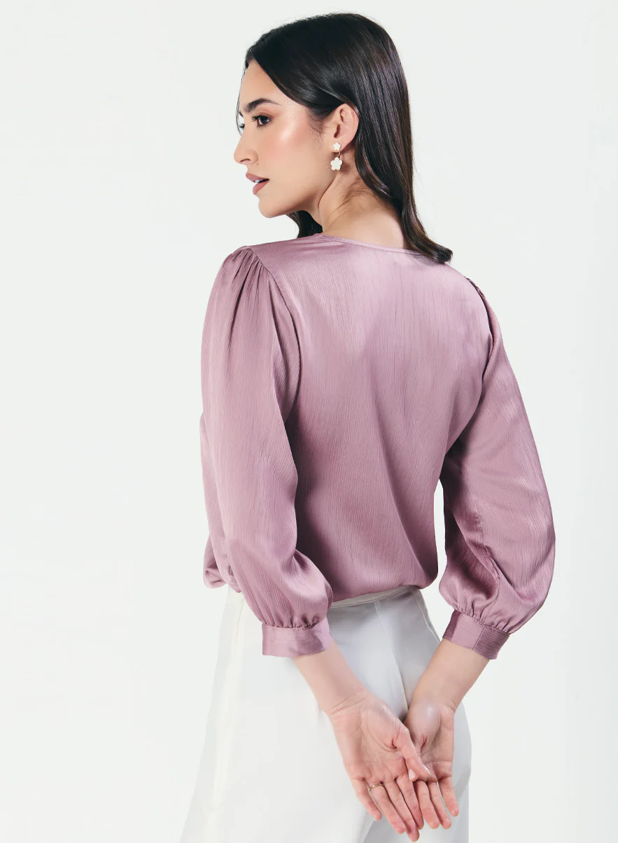 Slanted Pleated Crepe Satin Plum-Purple Top - Image 2