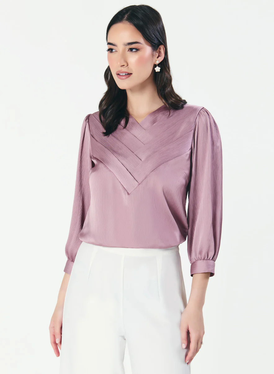 Slanted Pleated Crepe Satin Plum-Purple Top - Image 3