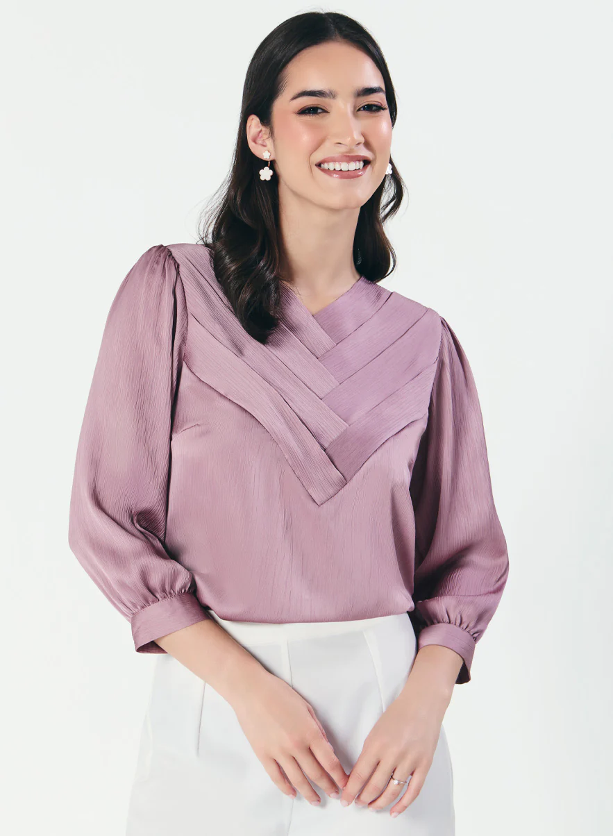 Slanted Pleated Crepe Satin Plum-Purple Top - Image 4