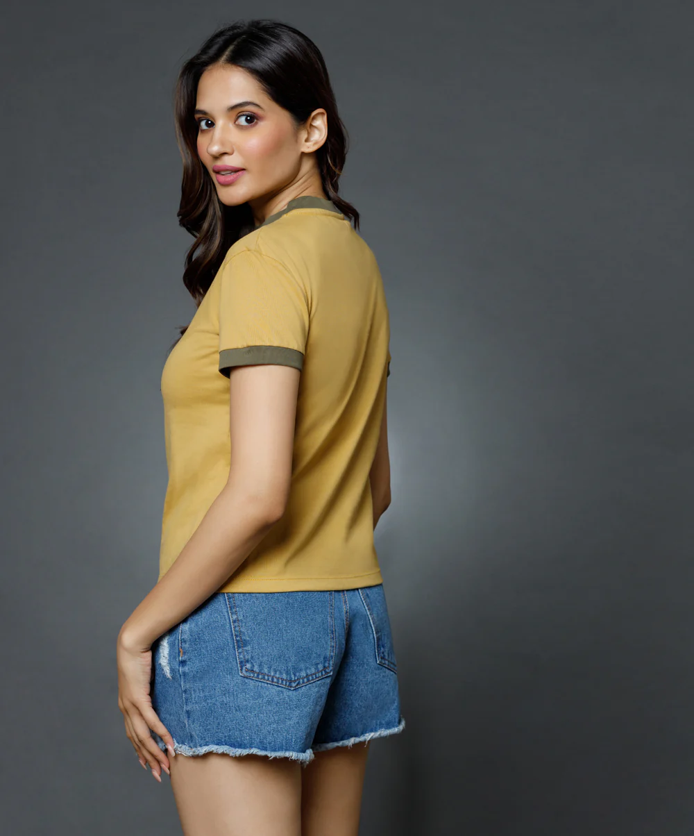 Sleeve Cuff And Neck Rib Khaki Basic Crew Neck Tshirt - Image 3