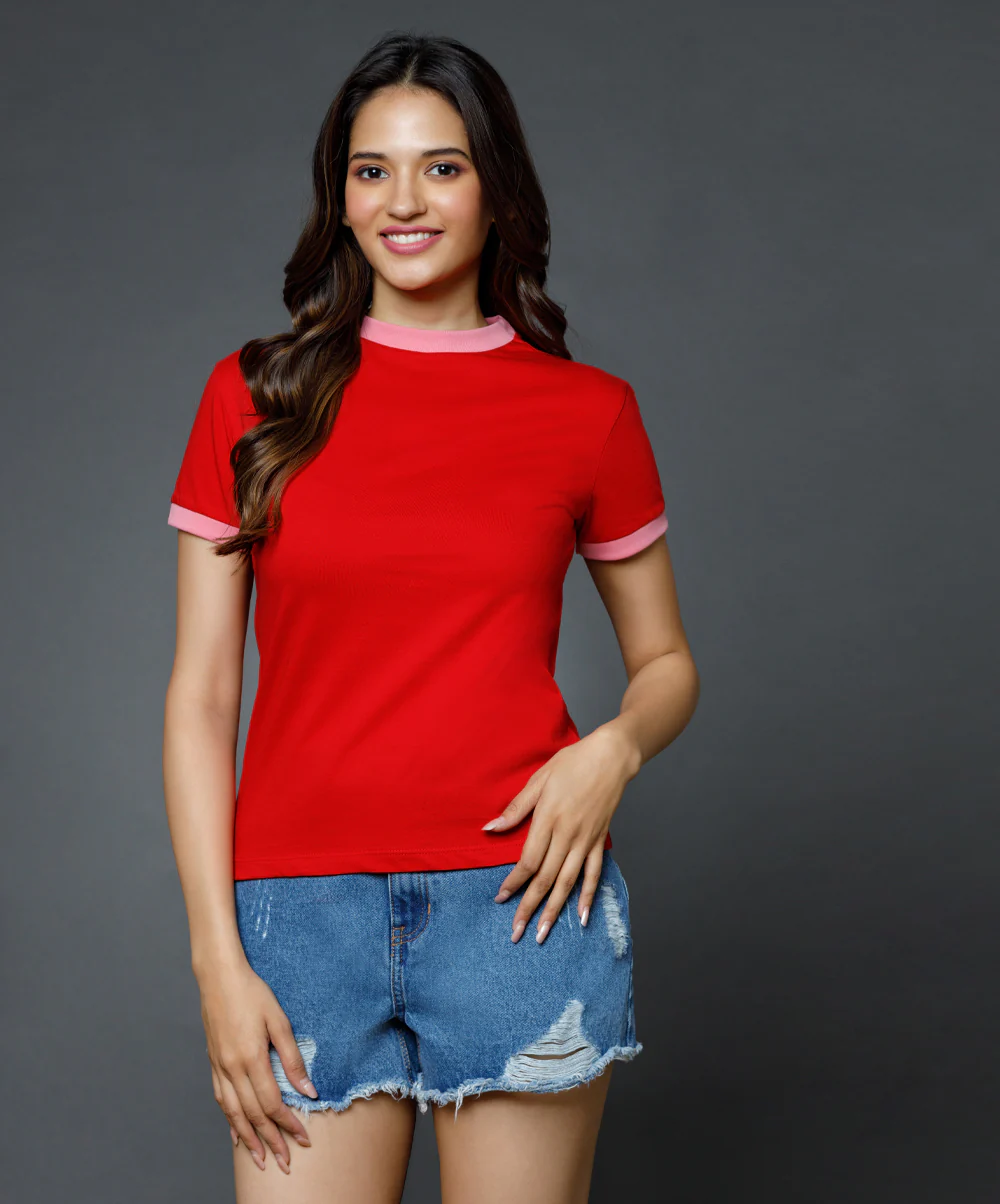 Sleeve Cuff And Neck Rib Red Basic Crew Neck Tshirt - Image 2