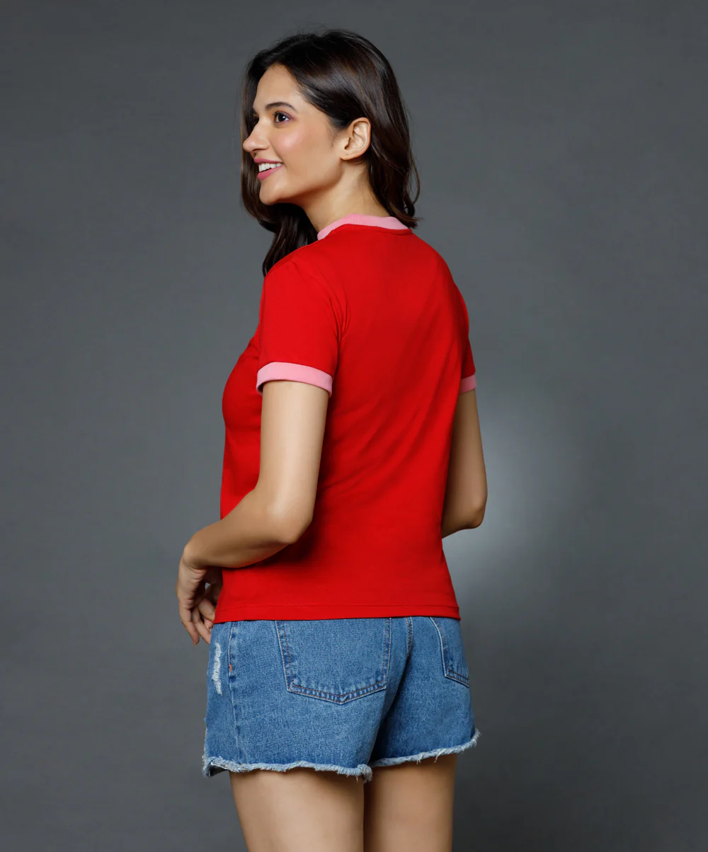 Sleeve Cuff And Neck Rib Red Basic Crew Neck Tshirt - Image 3