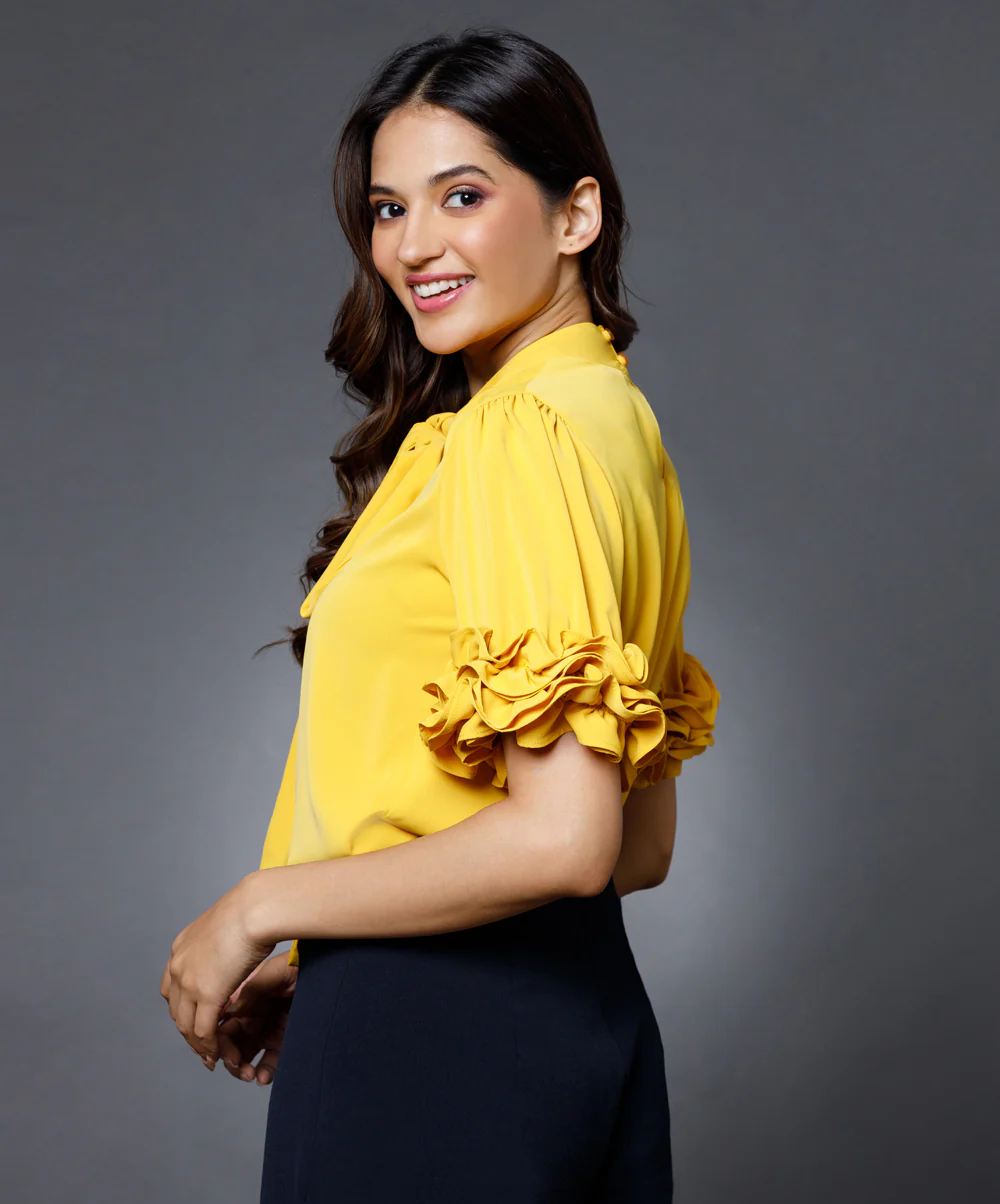 Sleeve Detailed Neck Tie Yellow Top - Image 3