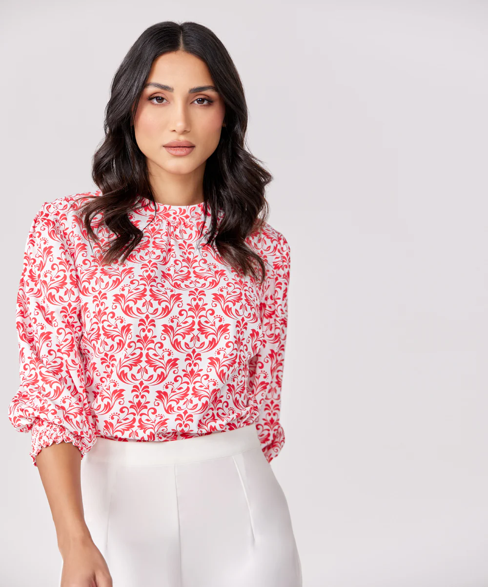 Sleeve Detailed Red Printed Chiffon Top - Image 3