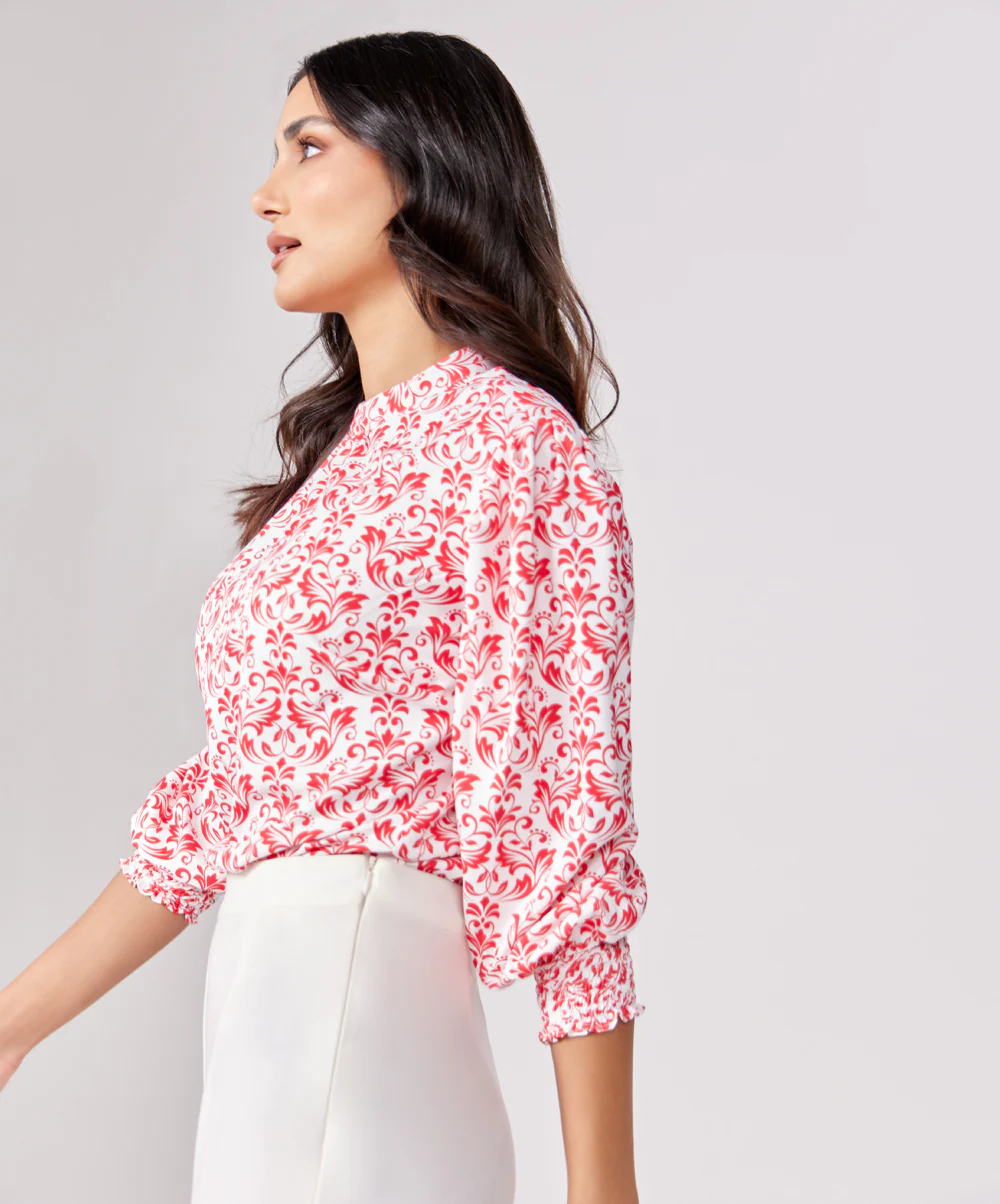 Sleeve Detailed Red Printed Chiffon Top - Image 4