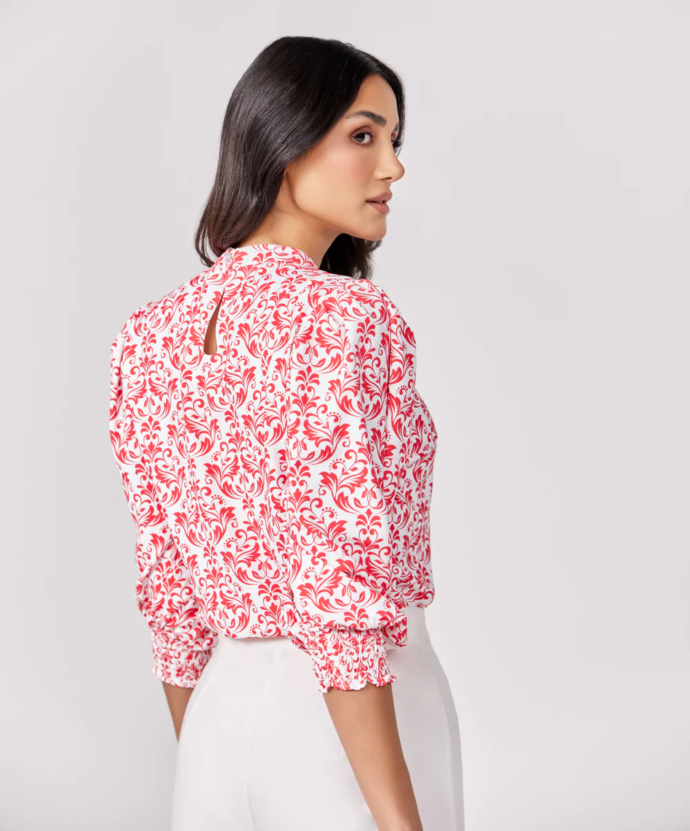 Sleeve Detailed Red Printed Chiffon Top - Image 5