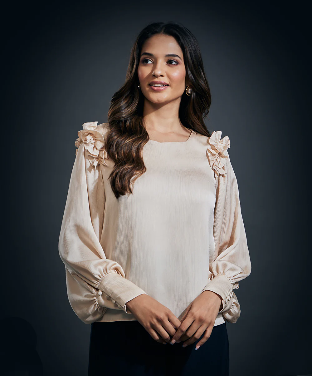 Sleeve Detailed Shoulder Frilled Long Sleeve Top-Beige - Image 3