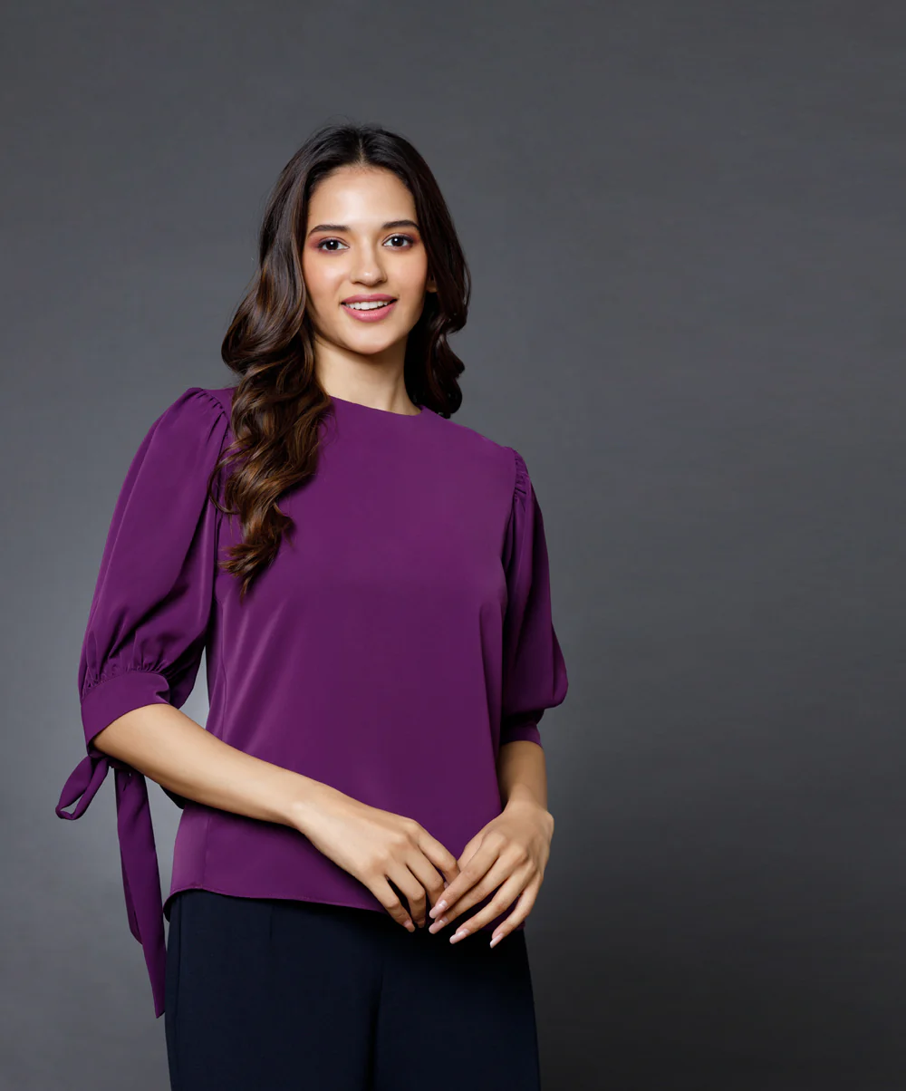 Sleeve Detailed Solid Chiffon Top - Image 4