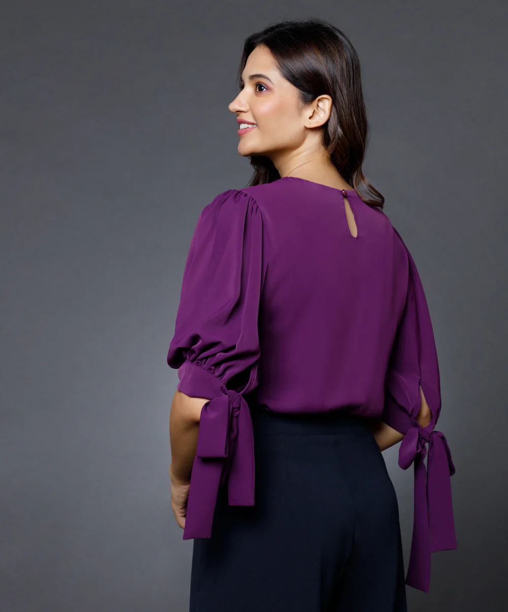 Sleeve Detailed Solid Chiffon Top - Image 5