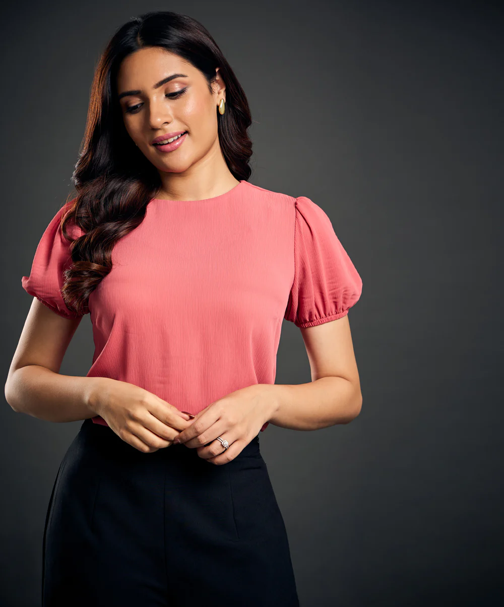 Sleeve Elasticated Moss Crepe Pink Top - Image 4