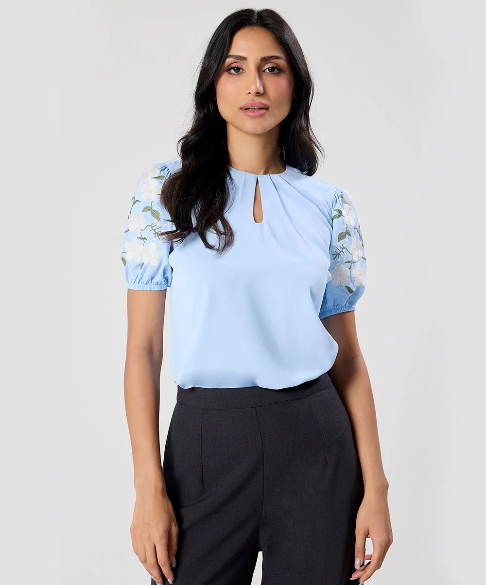 Sleeve Embroidered Chiffon Neck Pleated Top - Image 2