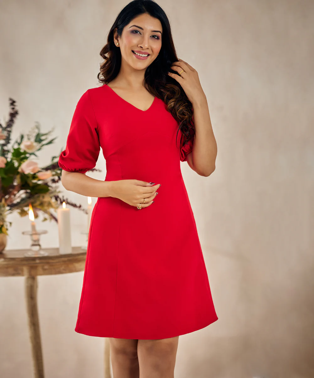 Sleeve Embroidered Red Dress - Image 4