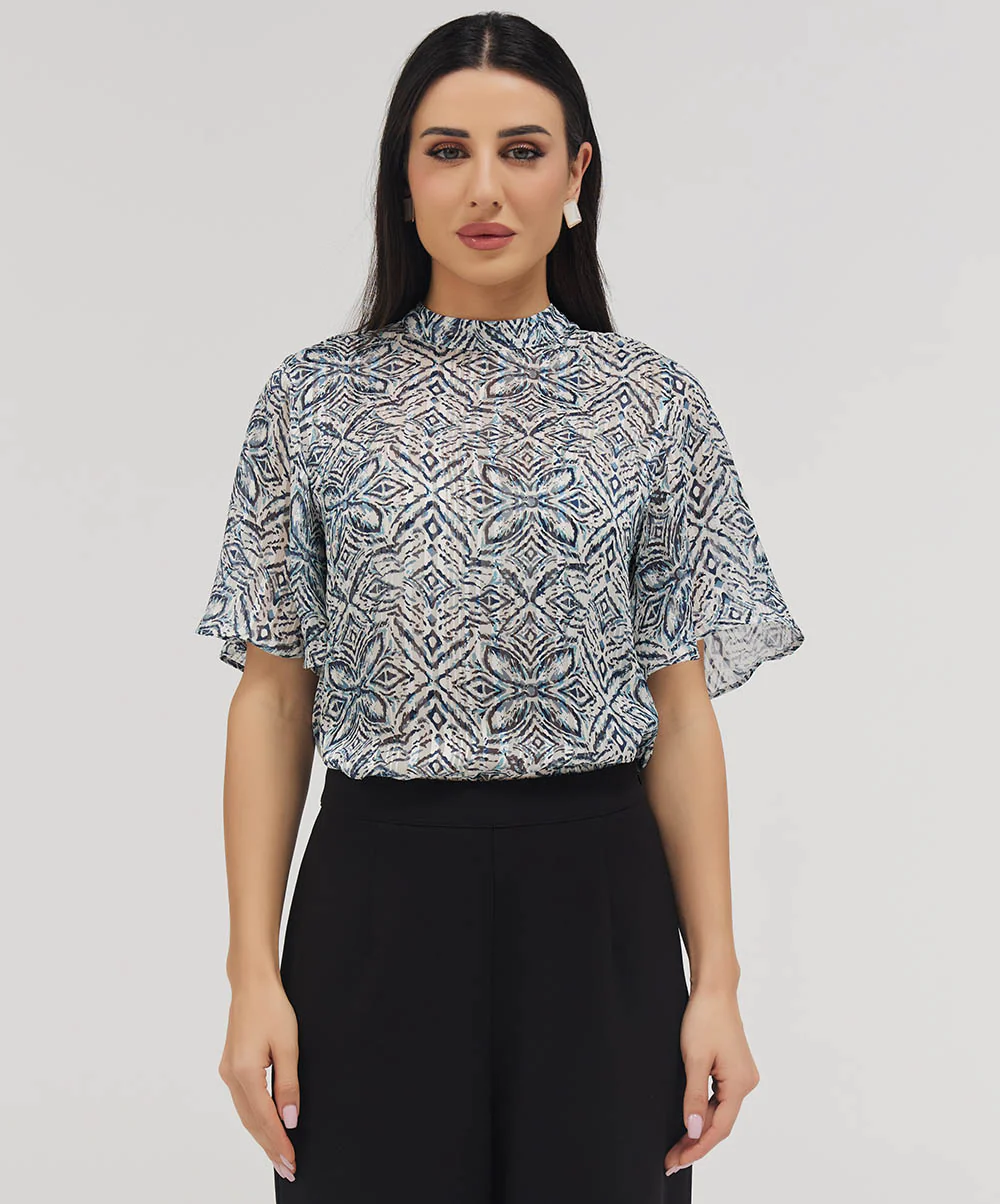 Sleeve Flared Mandarin Collar Printed Top - Image 2