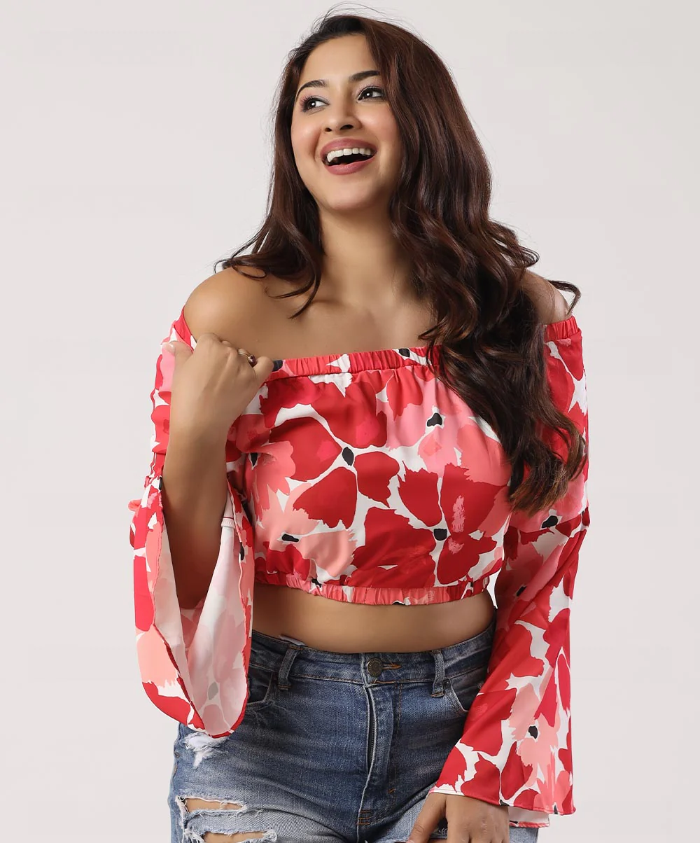 Sleeve Flared Printed Off-Shoulder Crop Top - Image 2
