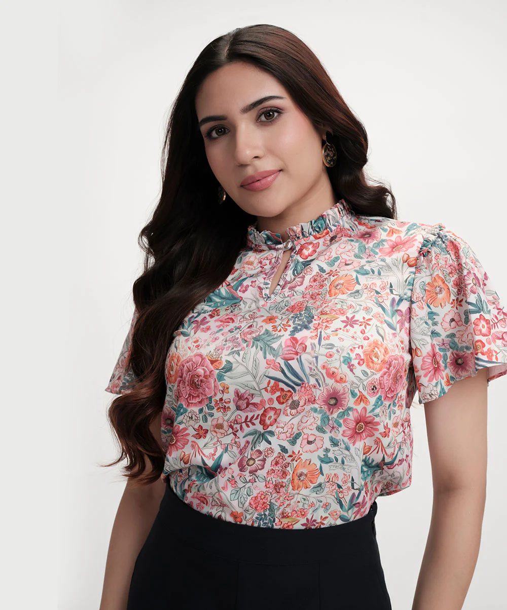 Sleeve Flared Printed Satin Beige Top - Image 2