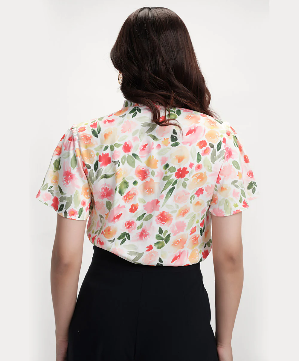 Sleeve Flared Printed Satin Top - Image 5