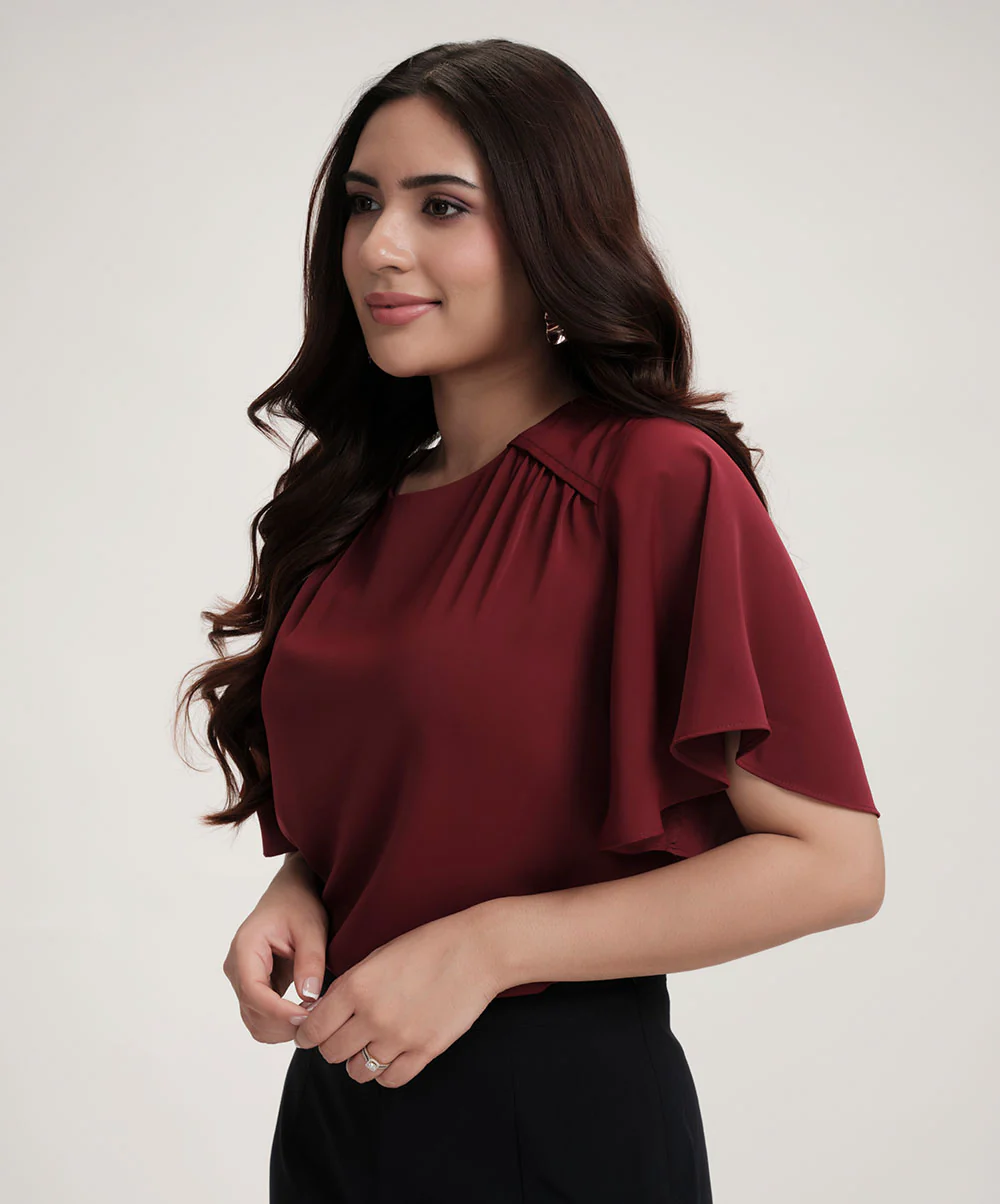 Sleeve Flared Round Neck Chiffon Top - Image 2