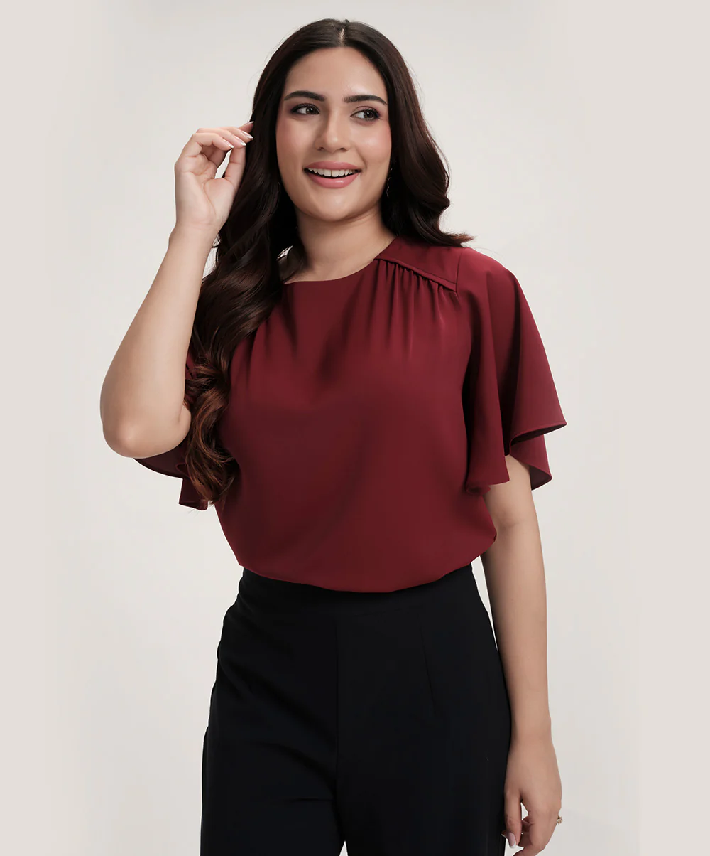 Sleeve Flared Round Neck Chiffon Top - Image 3