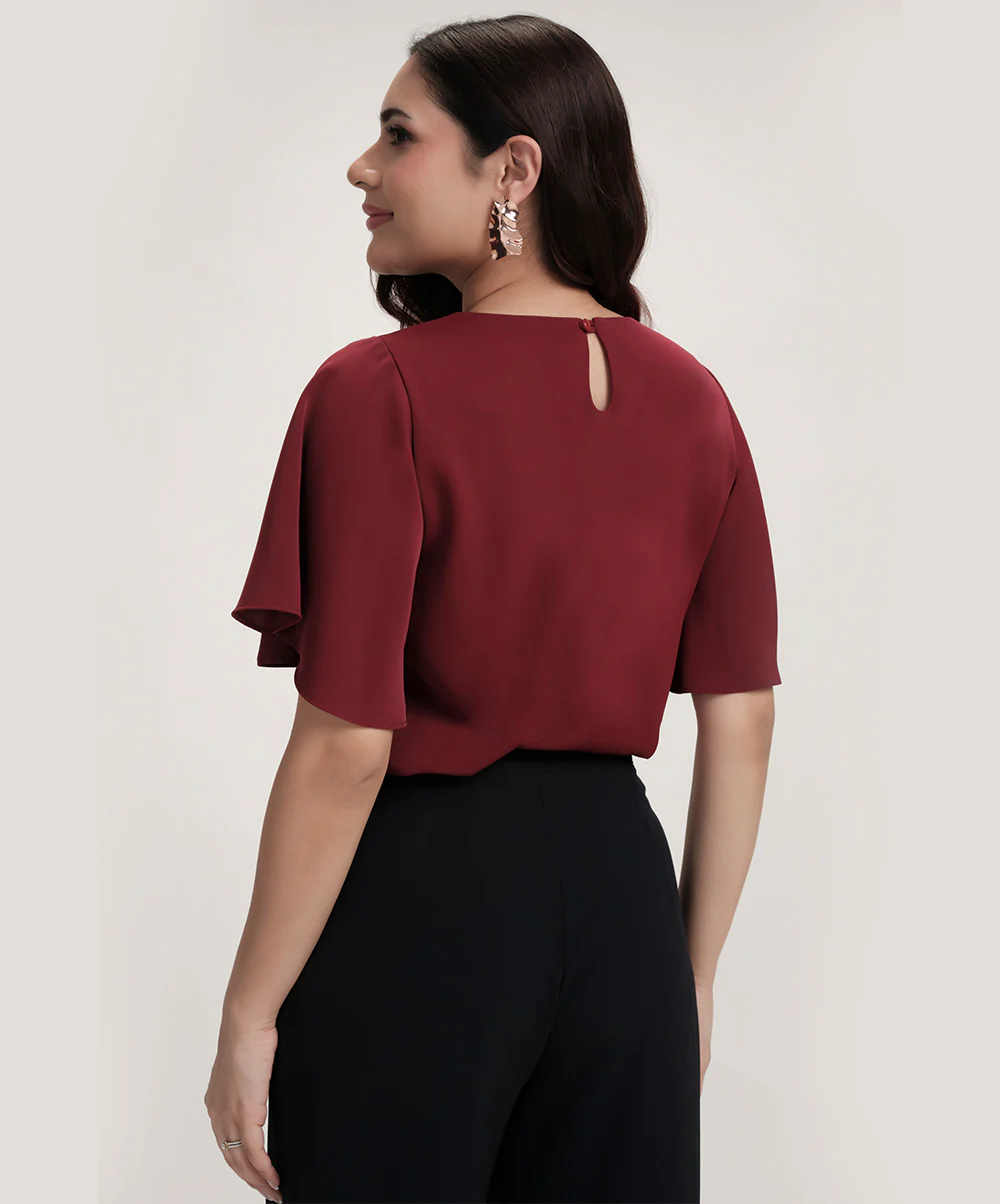 Sleeve Flared Round Neck Chiffon Top - Image 4