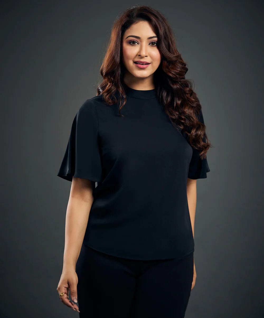 Sleeve Flared Solid Chiffon Black Top - Image 3