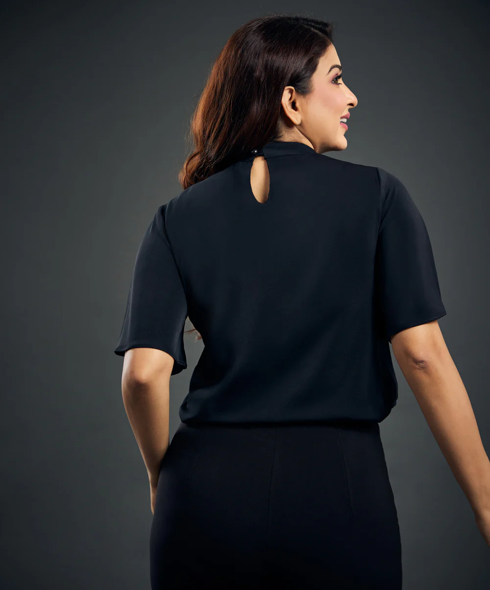 Sleeve Flared Solid Chiffon Black Top - Image 4
