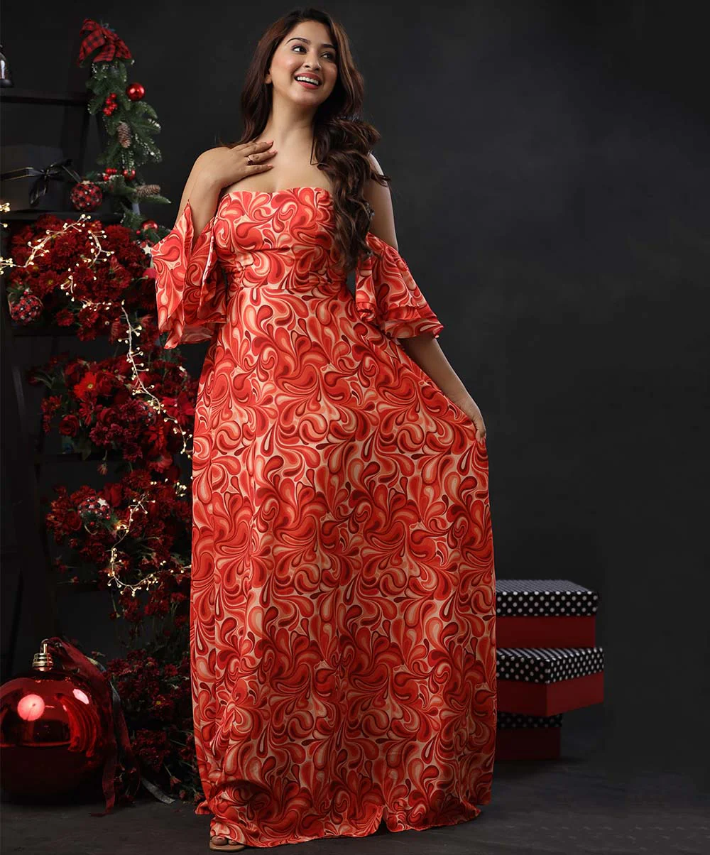 Sleeve Flared Tube Printed Maxi Dress
