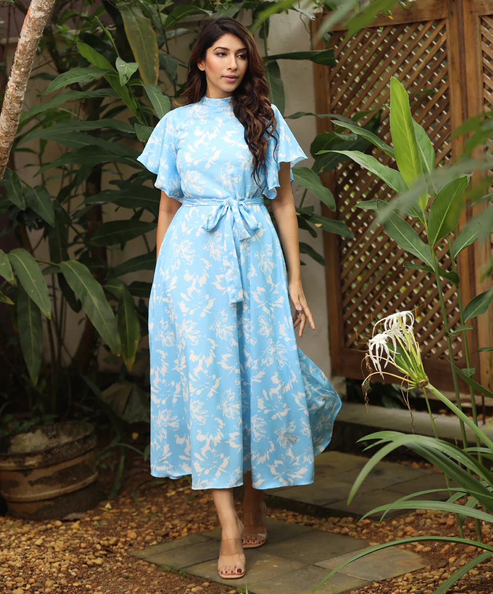 Sleeve Flared Waist Tie Printed Dress - Image 2
