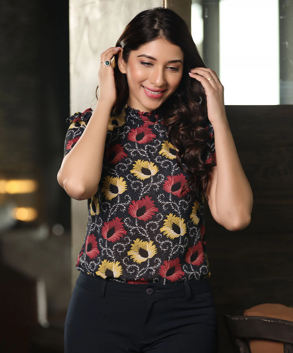 Sleeve Frilled Chiffon Black Top - Image 2