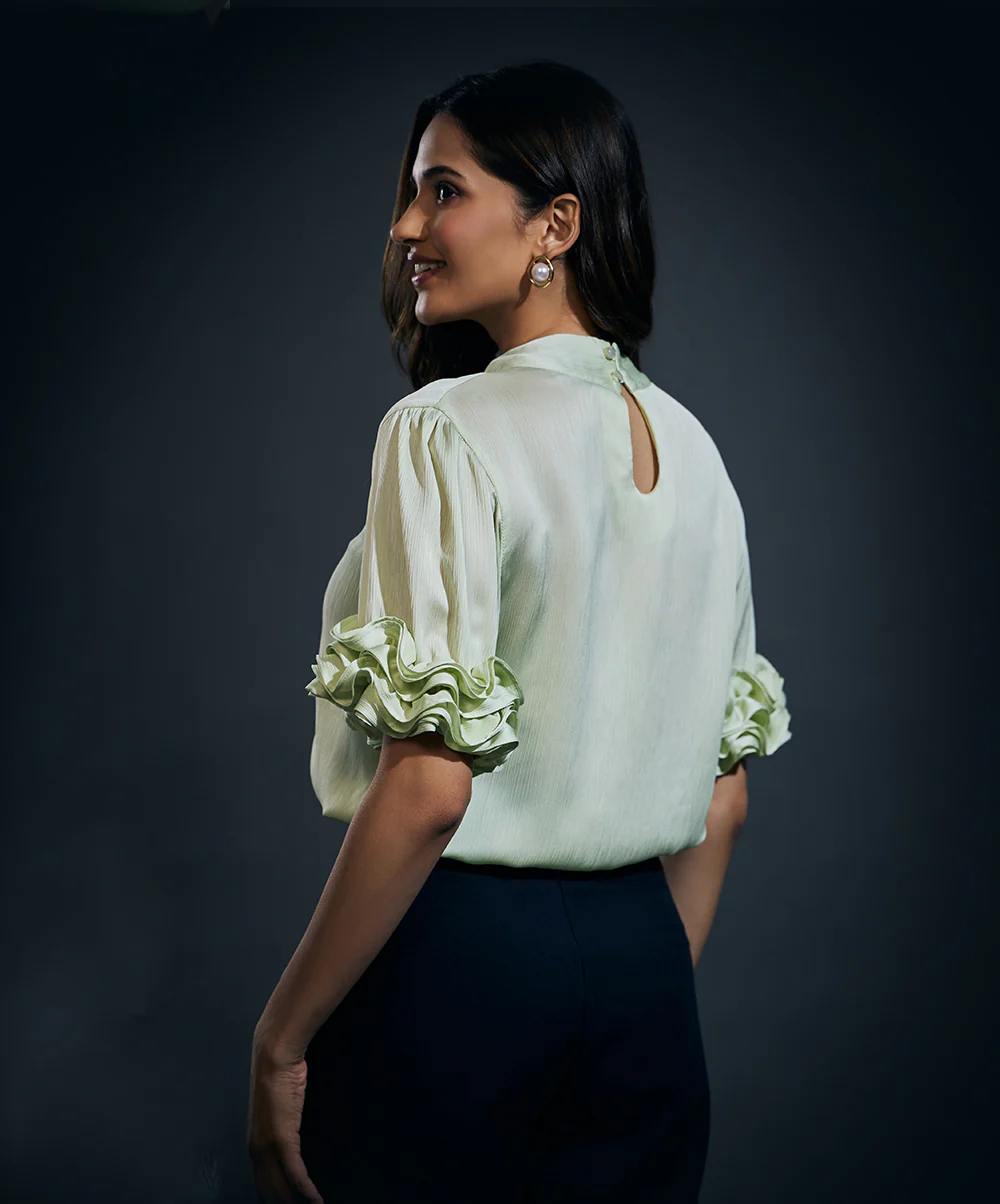 Sleeve Frilled Satin Half Sleeve Top-Green - Image 5