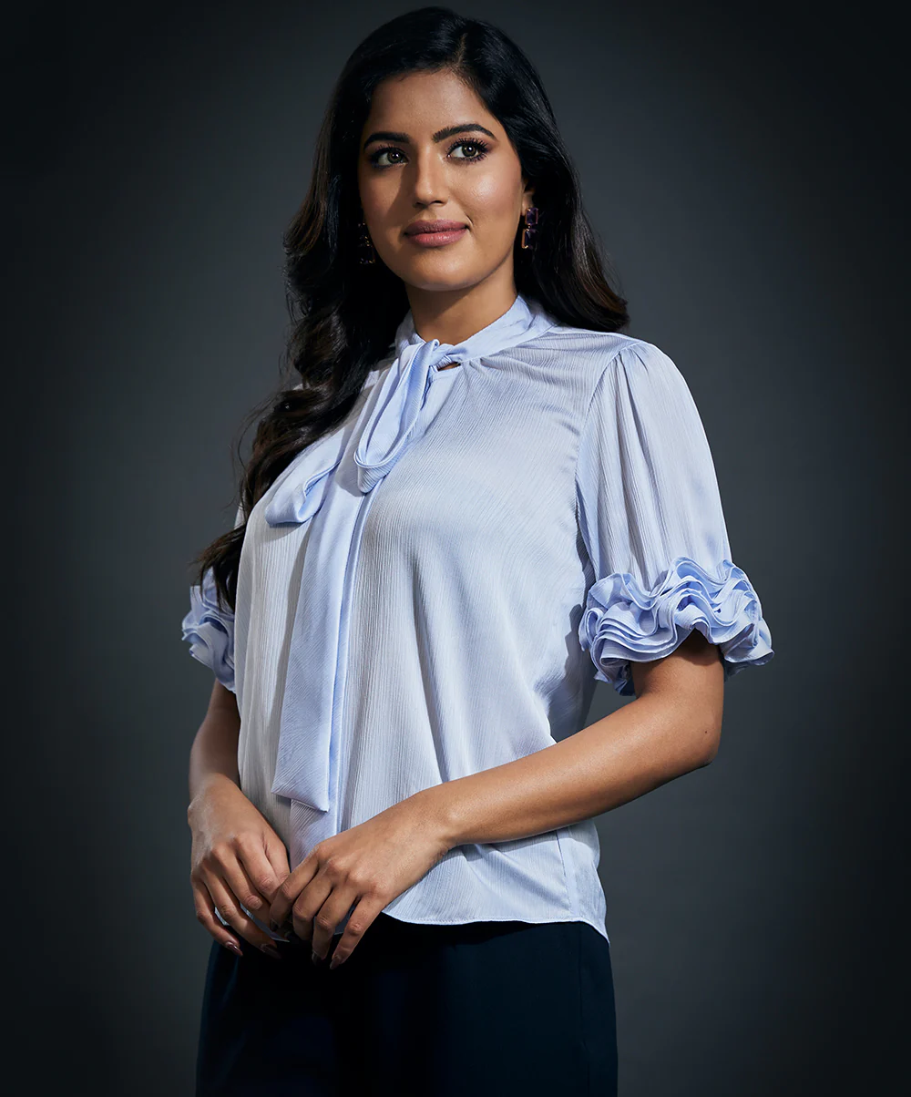 Sleeve Frilled Satin Half Sleeve Top-Blue - Image 3