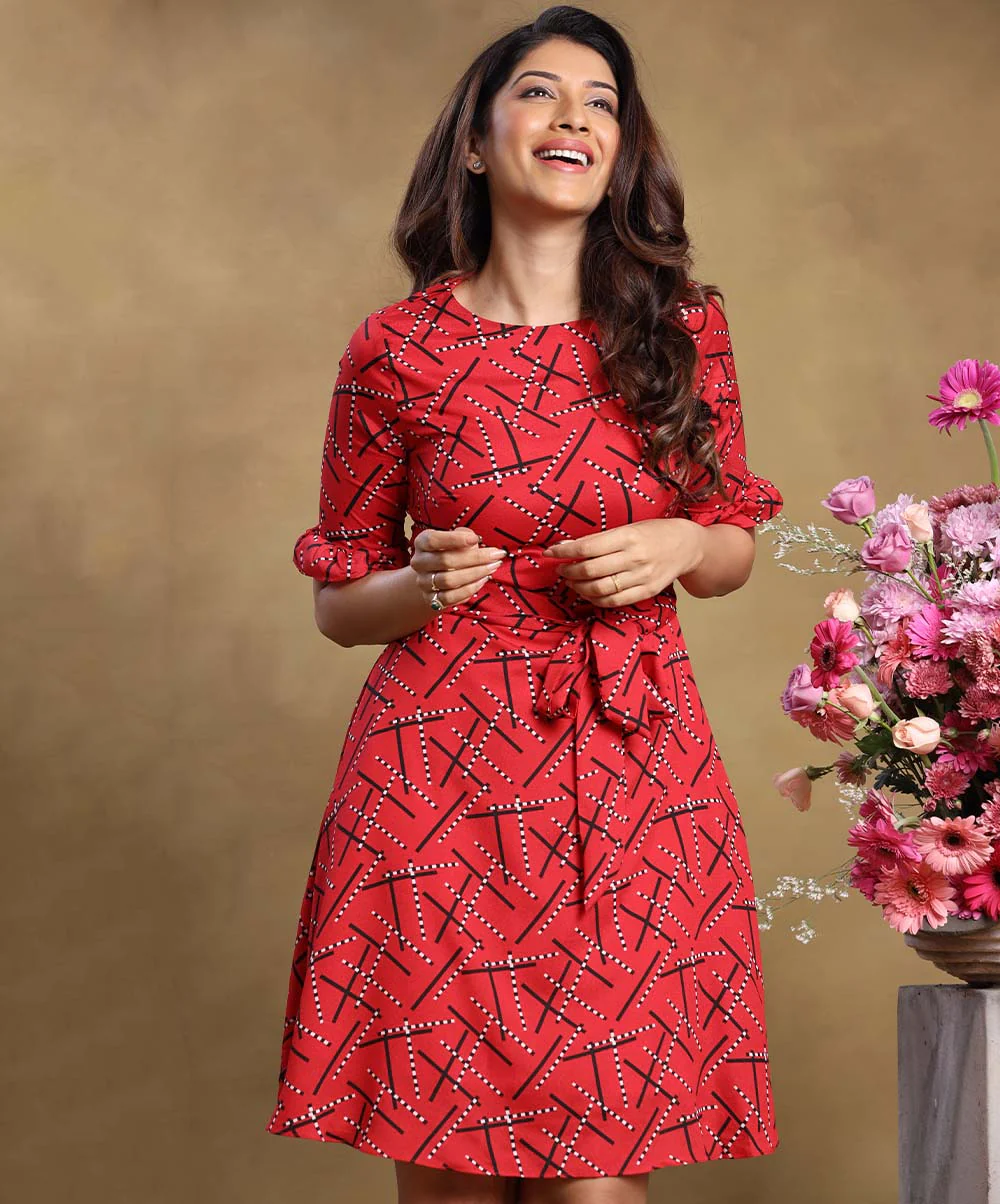 Sleeve Frilled Waist Belt Dress