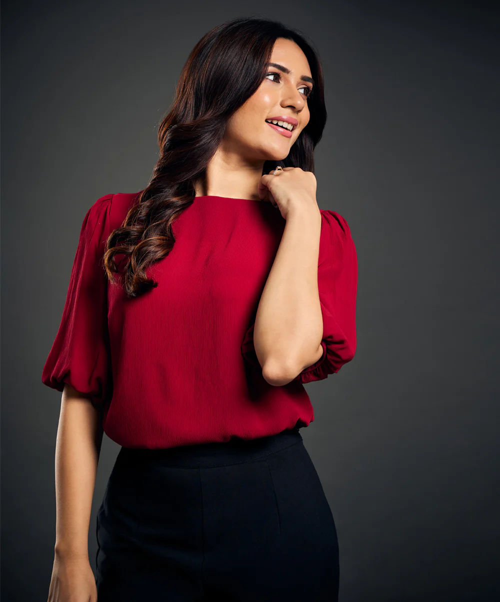 Sleeve Gathered Crepe Red Top - Image 5