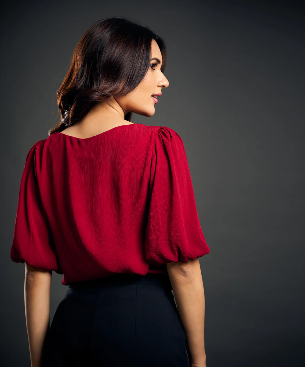 Sleeve Gathered Crepe Red Top - Image 6