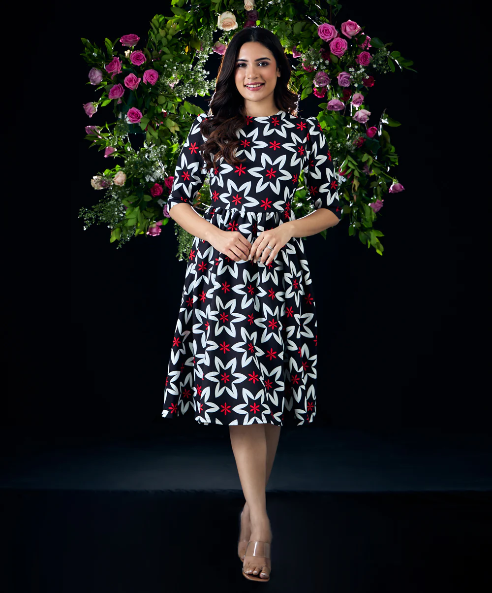 Sleeve Gathered Detailed Printed Dress