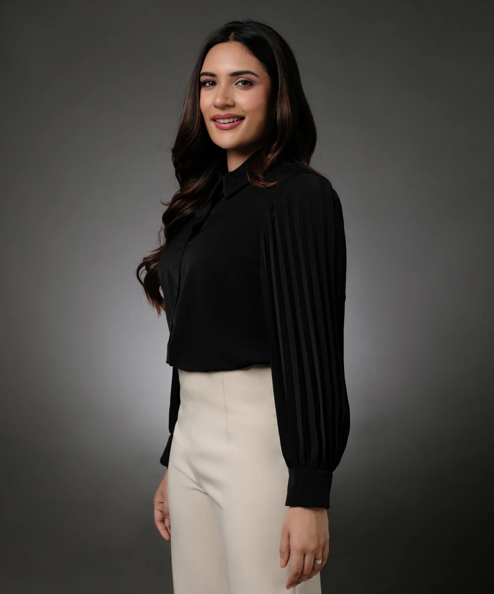 Sleeve Pleated Black Shirt Top - Image 3