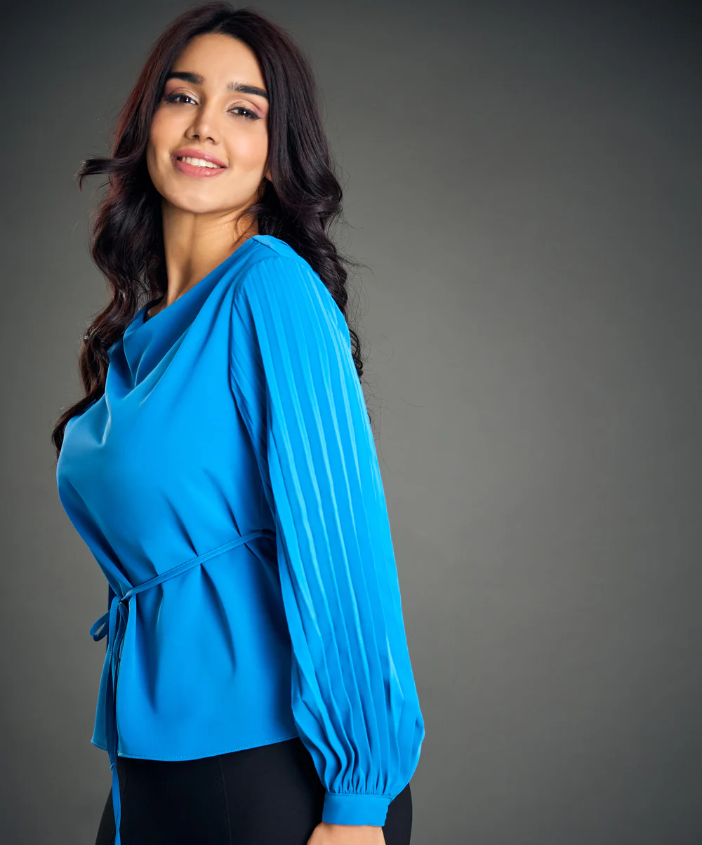Sleeve Pleated Waist Tie Blue Top - Image 4