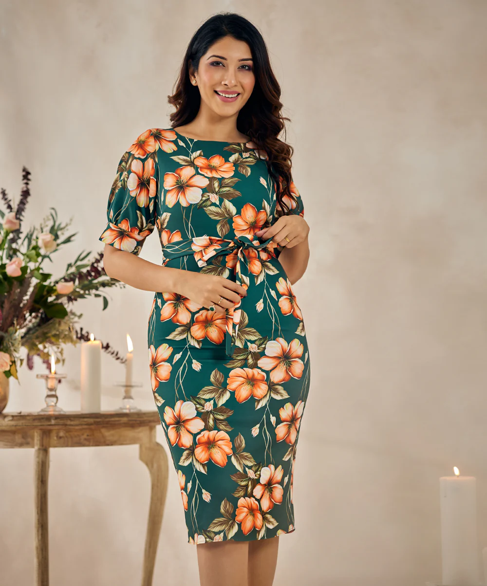 Sleeve Puffed Bodycon Green Dress - Image 2
