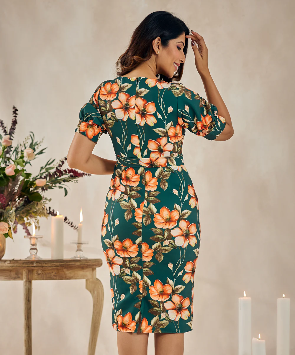Sleeve Puffed Bodycon Green Dress - Image 4