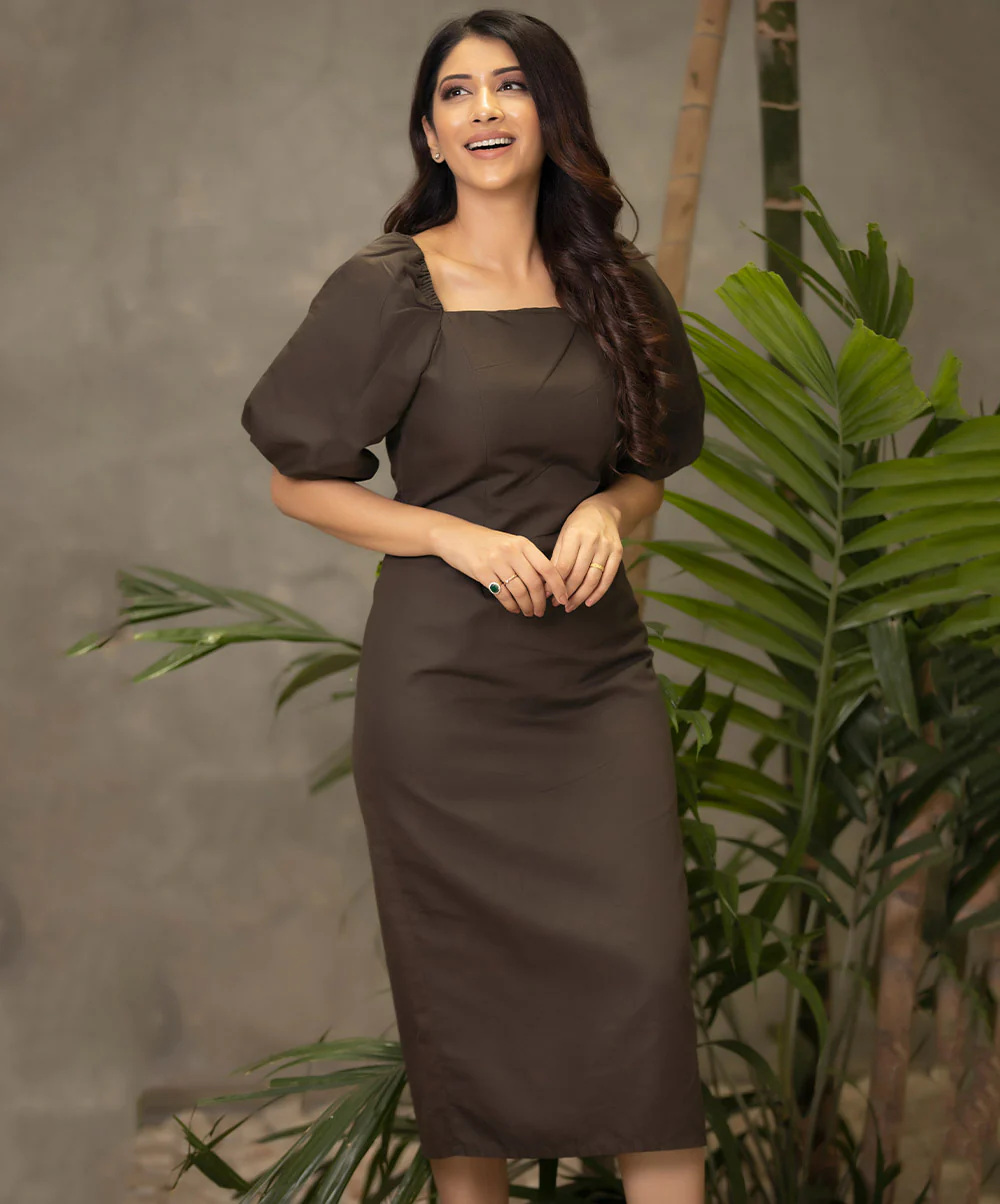 Sleeve Puffed Linen Khaki Shift Dress