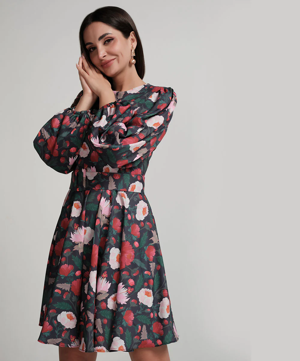 Sleeve Puffed Printed Short Dress