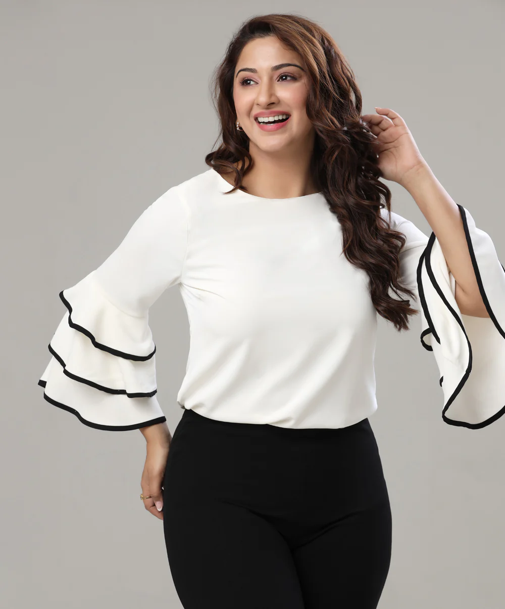 Sleeve Three Tiered Frilled Round Neck Top