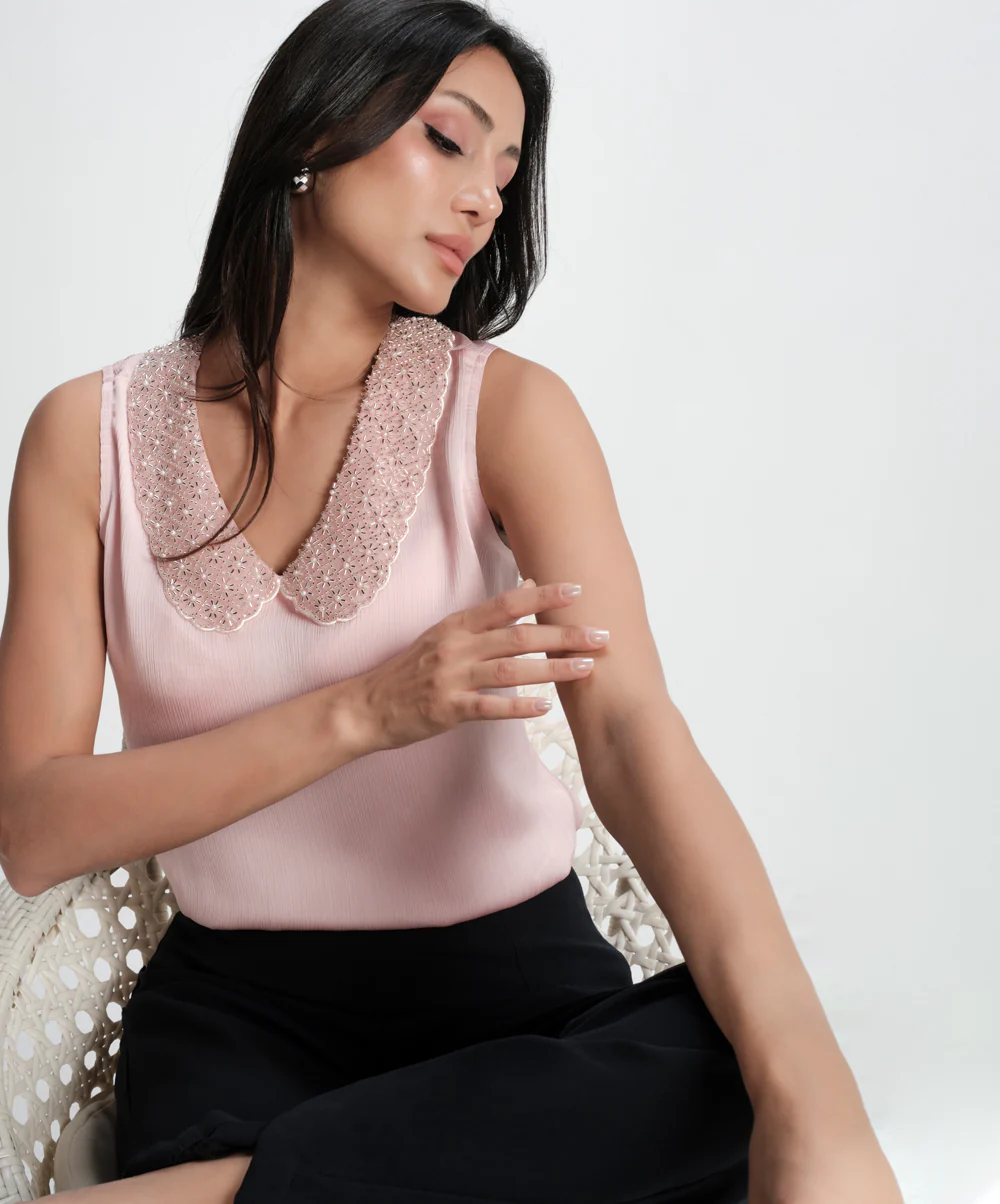 Sleeveless Collar Attached Pink Top - Image 7
