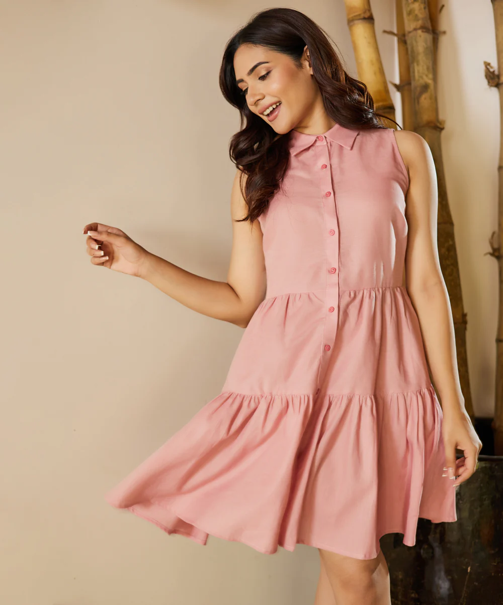 Sleeveless Collared Pink Shirt Dress - Image 3