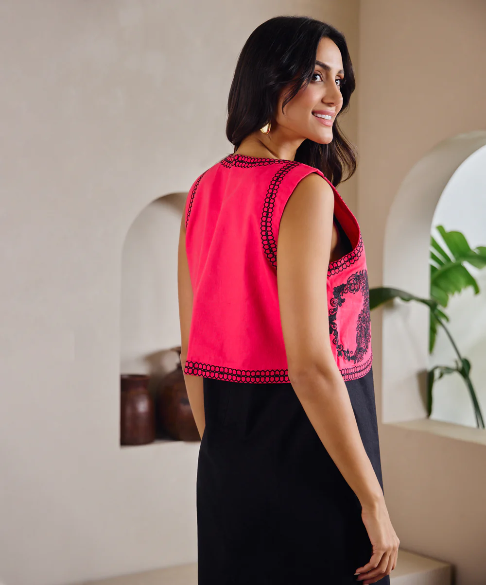 Sleeveless Embroidered Linen Pink Waist Coat - Image 4