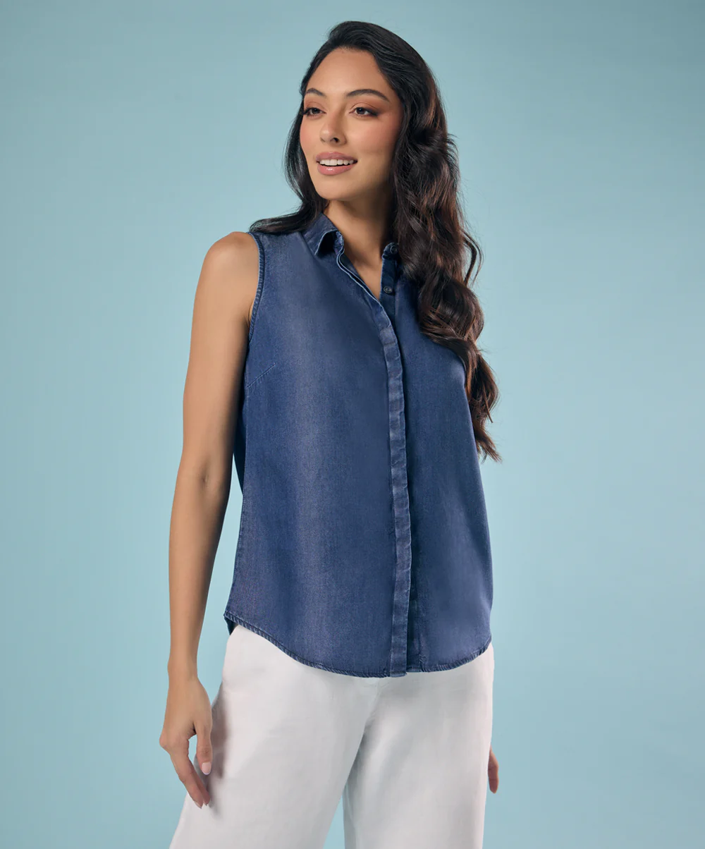 Sleeveless Hidden Placket Tencel Shirt Top - Image 2